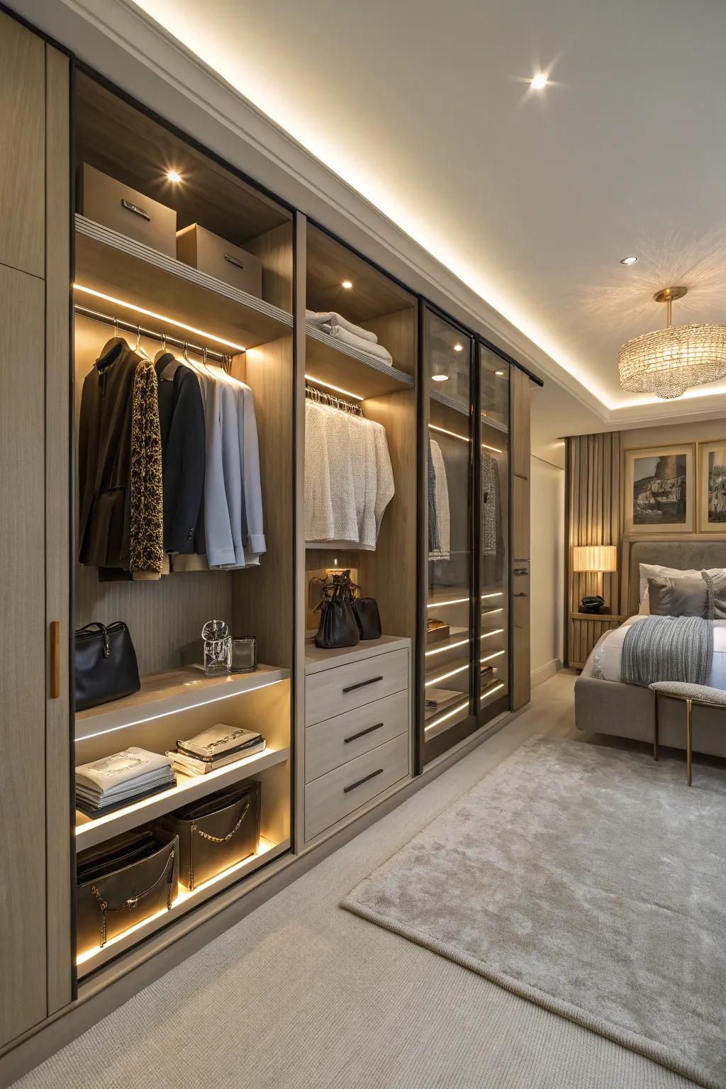 Functional and stylish is created by integrated lighting in wall closets.