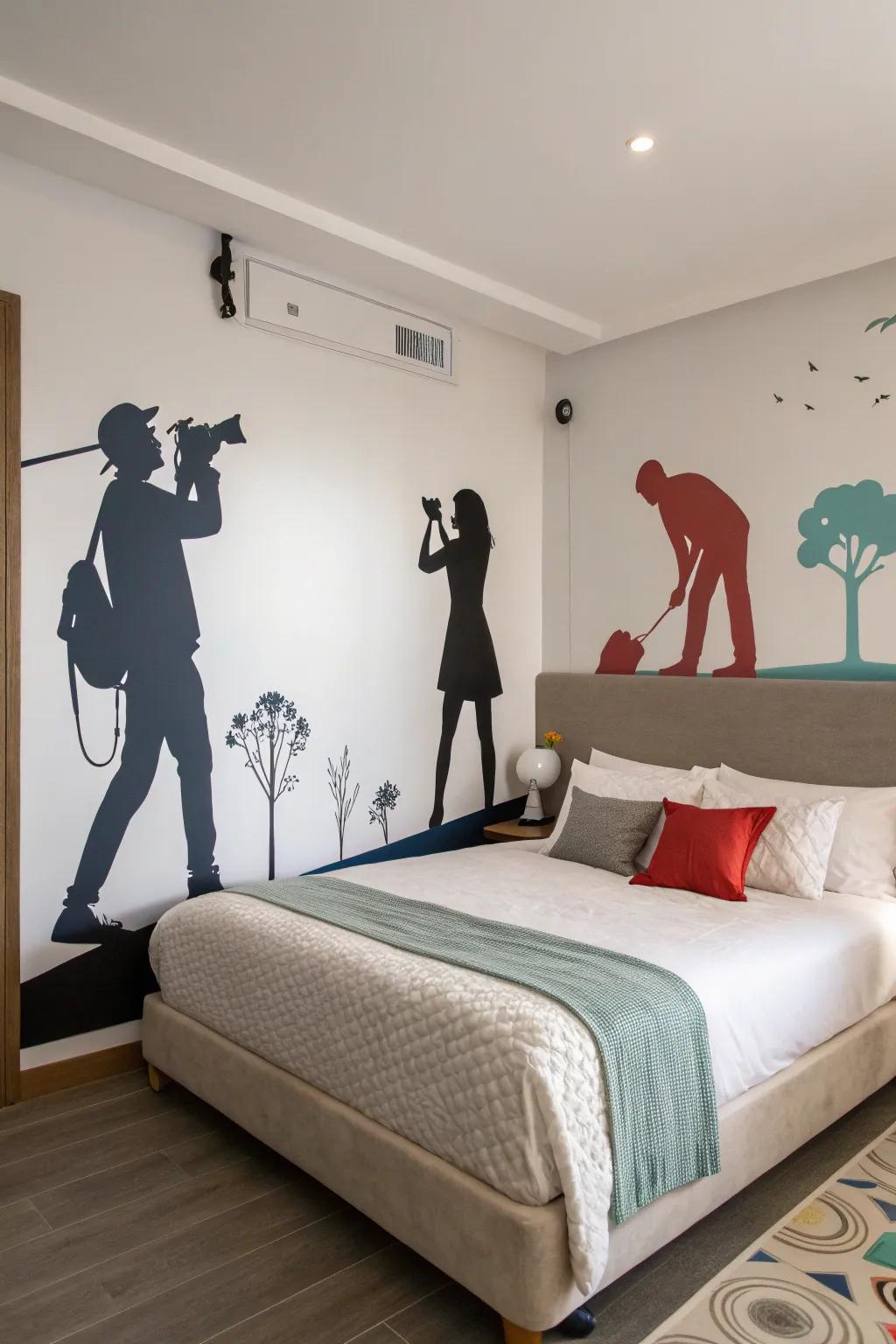 Artistic shapes create a gallery-like ambiance in the bedroom.