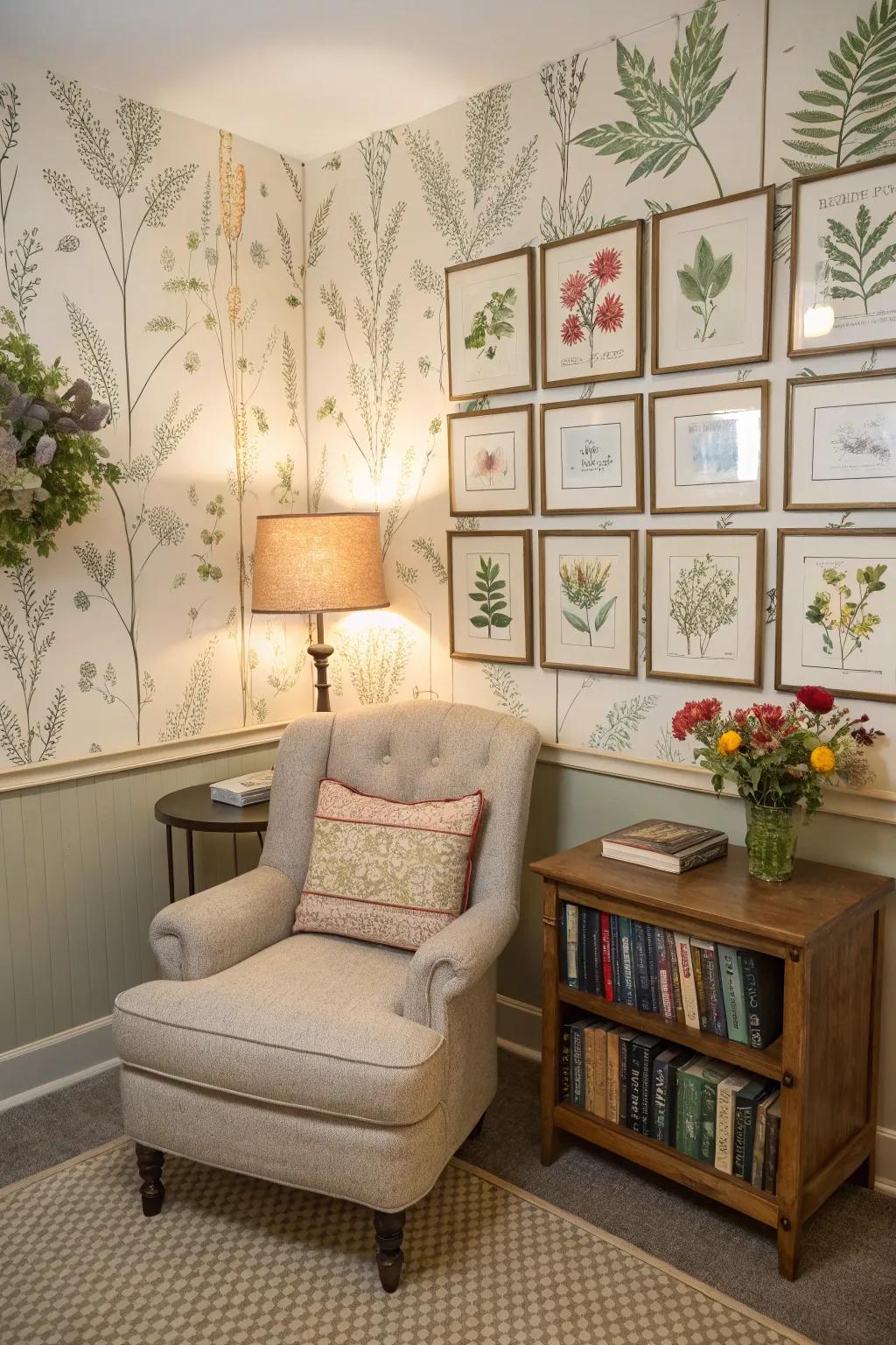 A flora-centered wall carries the outdoors in.