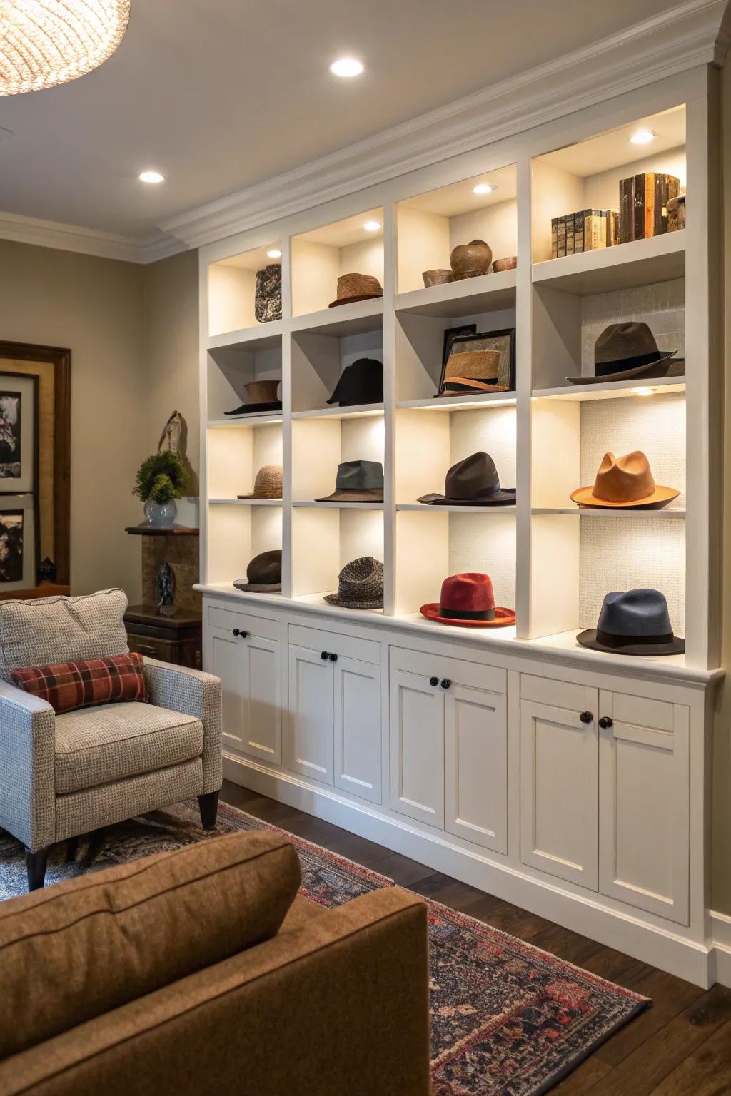Custom shelving featuring individual compartments for hats