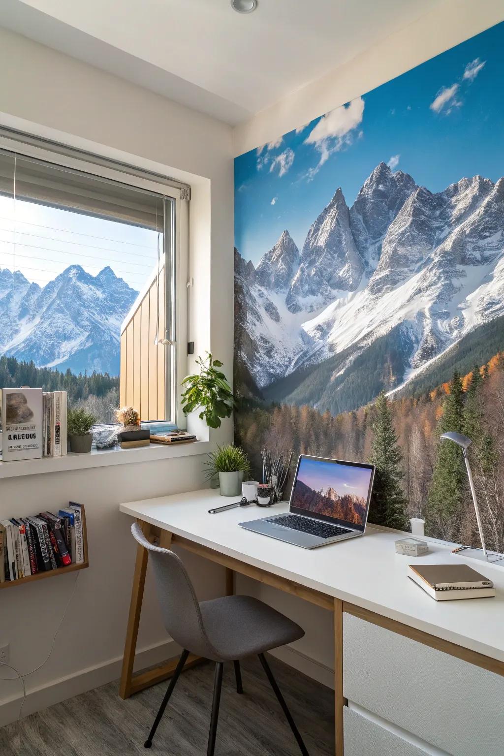 Keep feeling inspired with a grandiose mountain mural in your workspace.