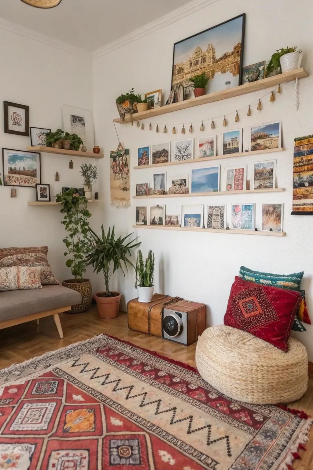 A wanderlust-inspired wall featuring travel memories.
