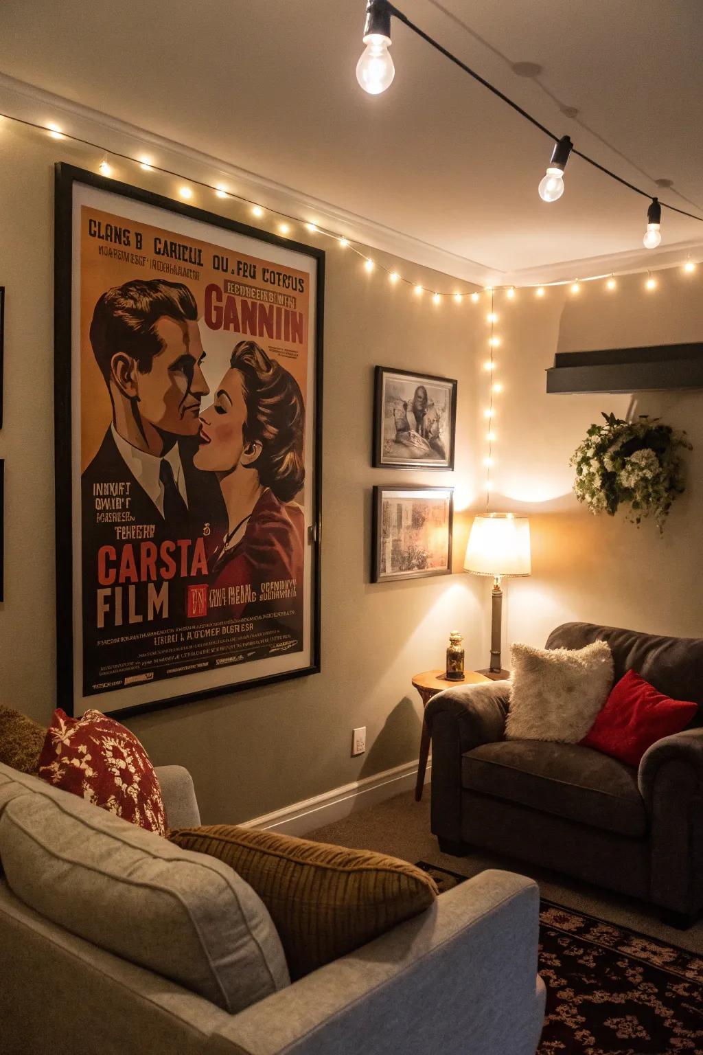 Vintage posters contribute a charming, nostalgic feel.