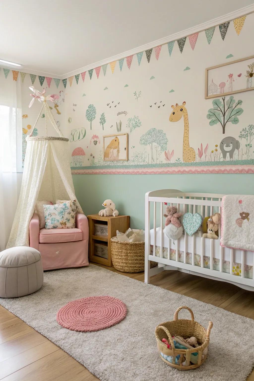A nursery bursting with life thanks to a playful wallpaper border.