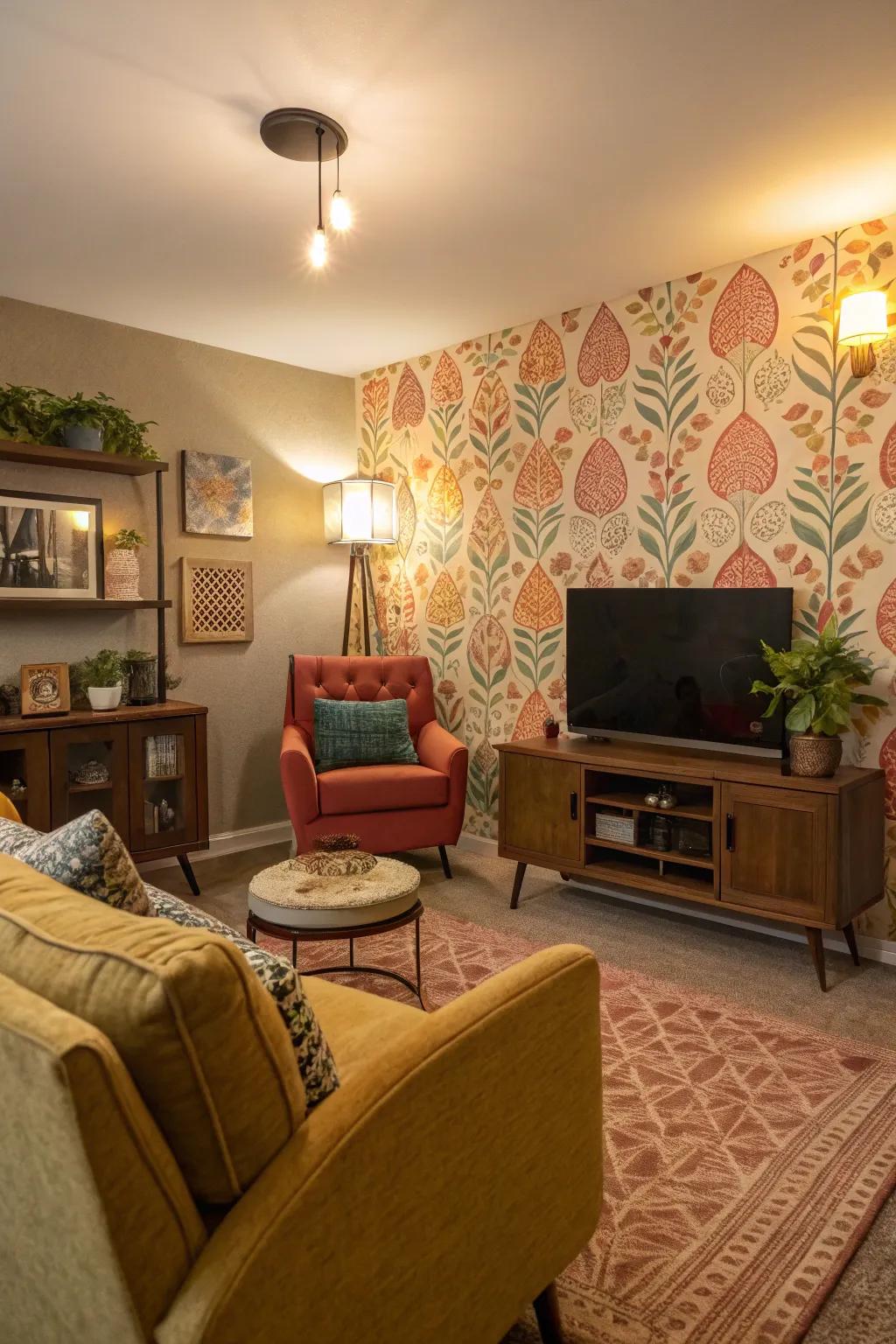 A feature wall with strong wallpaper generating a breathtaking point of focus.