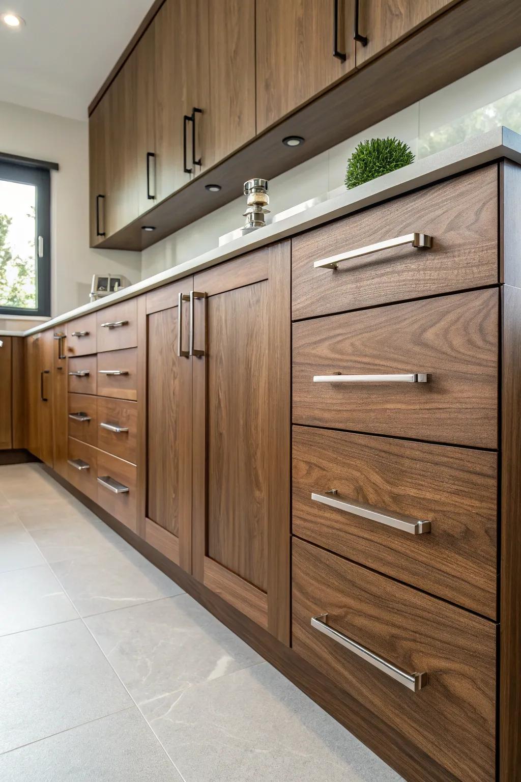 Modern hardware introduces a sleek accent to darkwood cabinets.