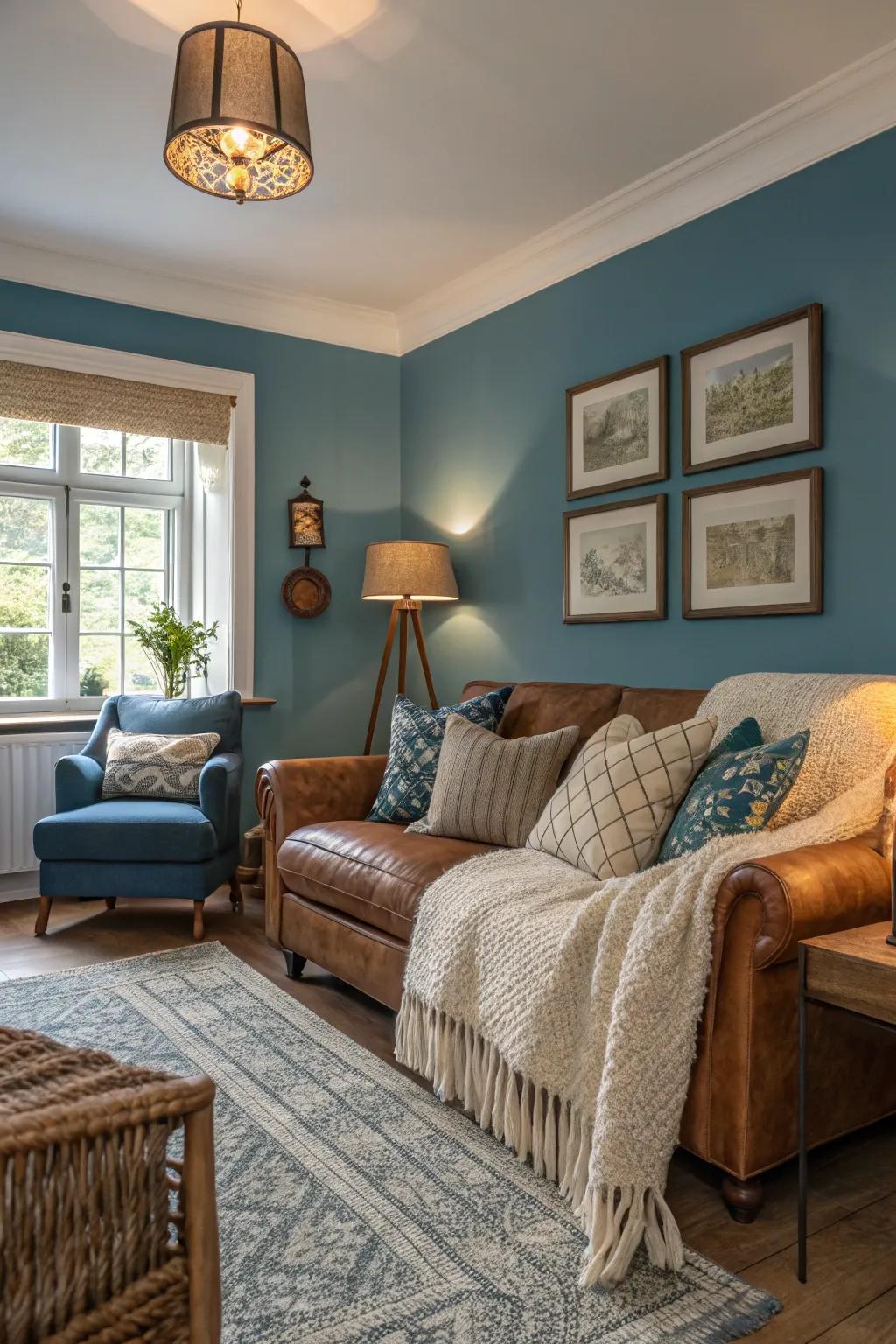 Textural decor enhances the warmth of cerulean tones in your living space.