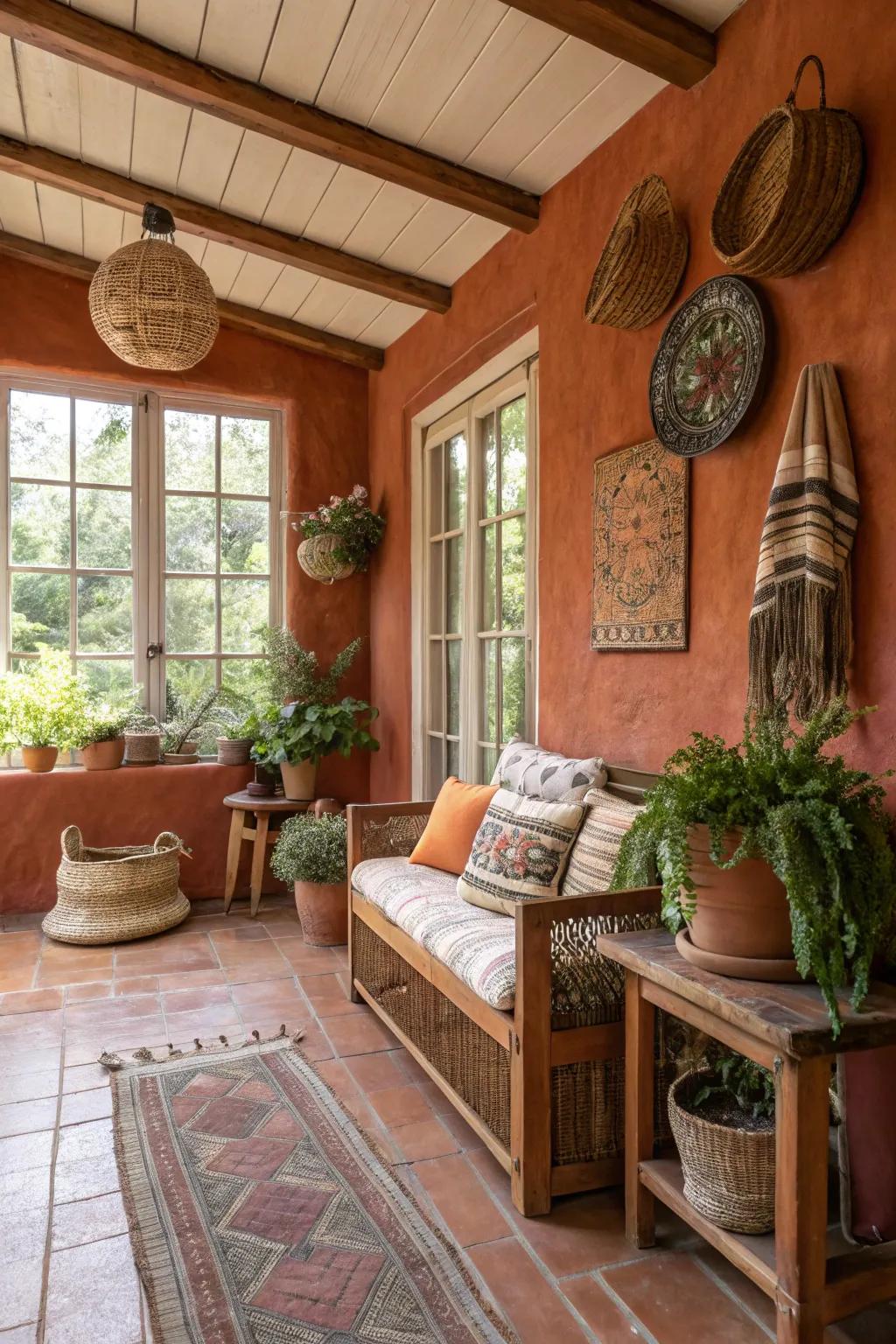 Sunroom featuring warm sienna walls, delivering an earthy and cozy sanctuary.
