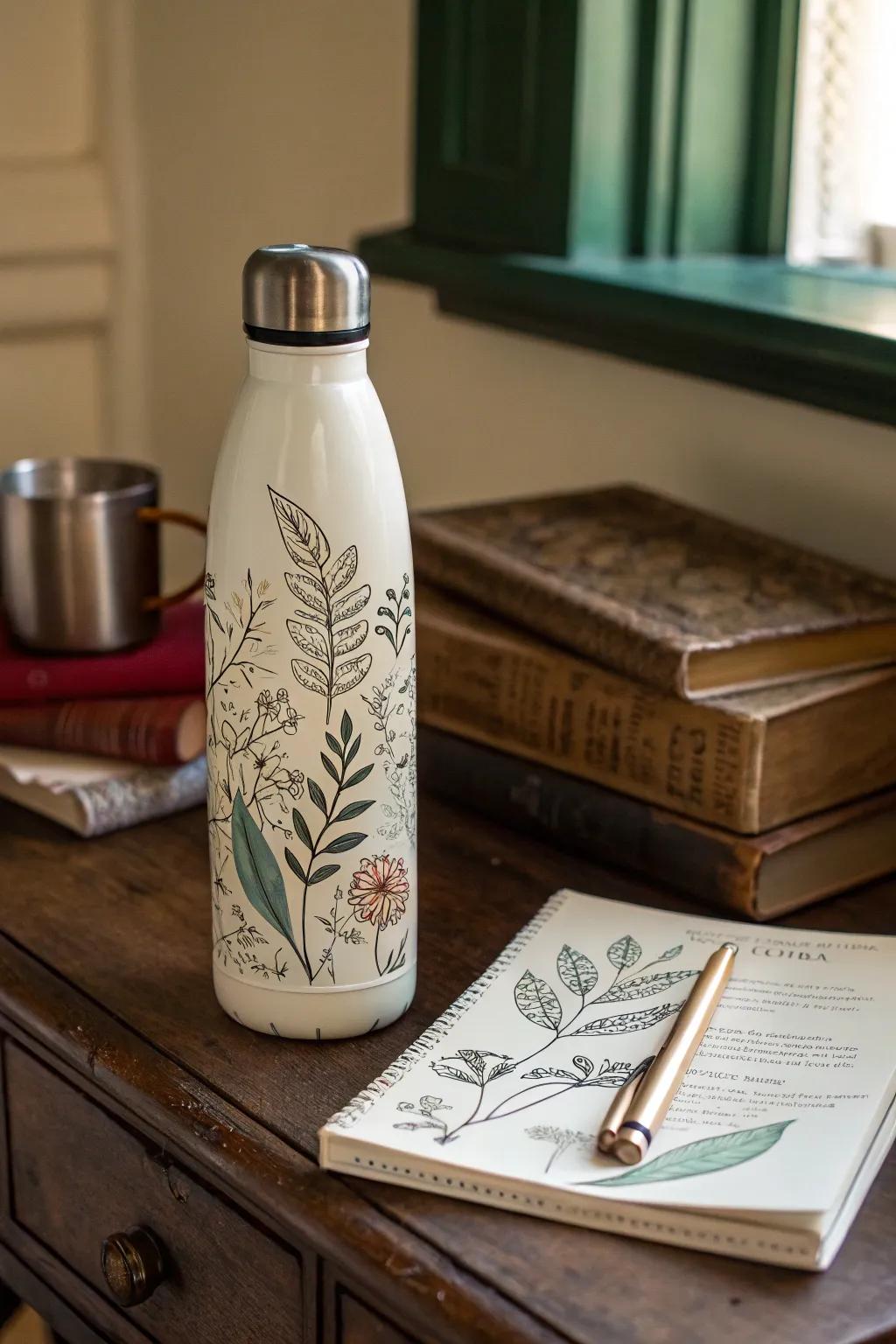 Water bottles featuring artistic illustrations for a creative touch.