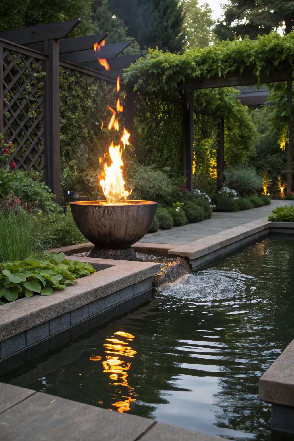 Fire and water combos craft stunning contrasts and key features in outdoor spaces.
