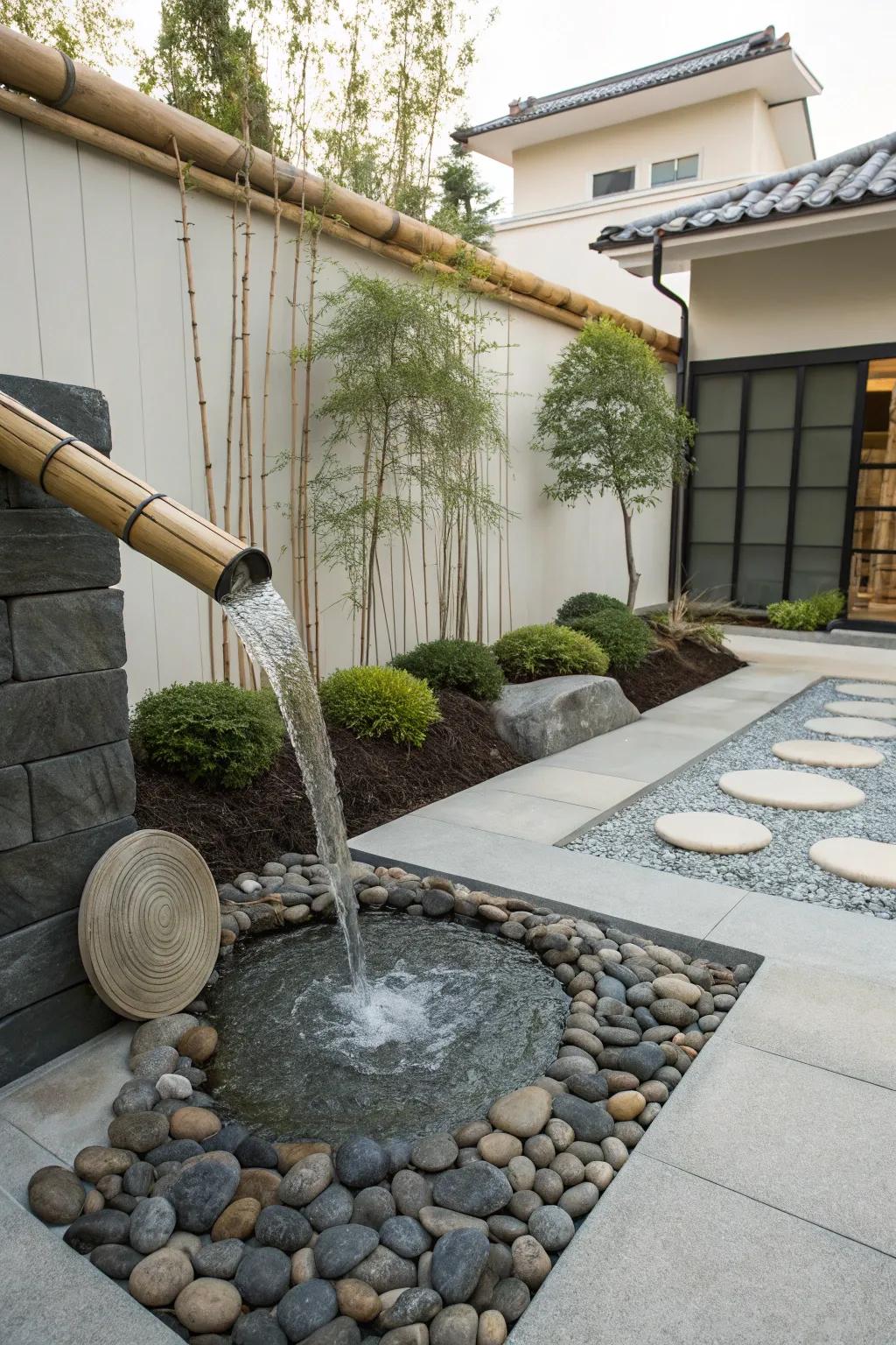 A Zen garden water feature brings peace to your space.