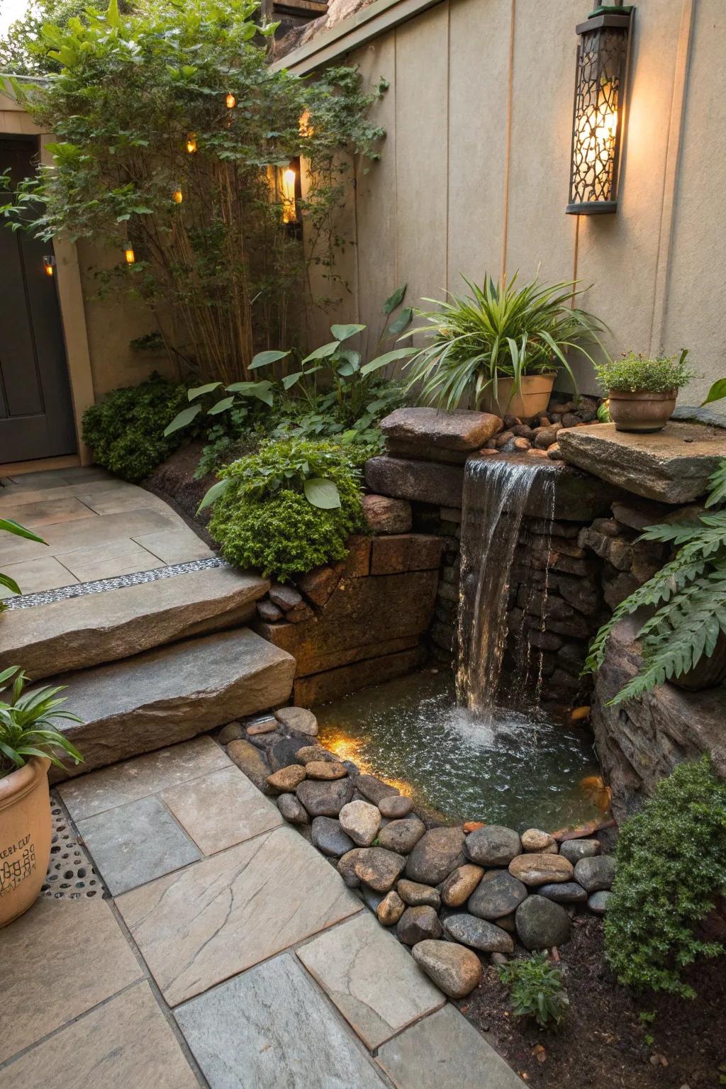 A small, charming rock water feature in a cozy patio setting.