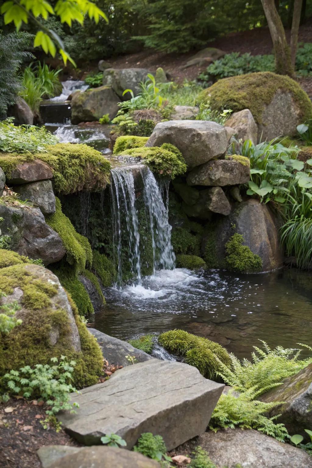 A pond-free waterfall showcases the charm of flowing water without needing a pond.