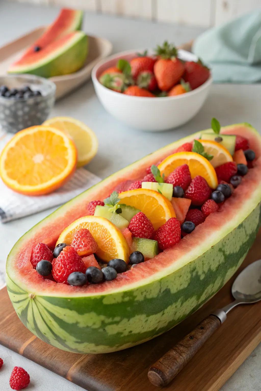 A melon canoe bursting with rainbow-colored fruits.