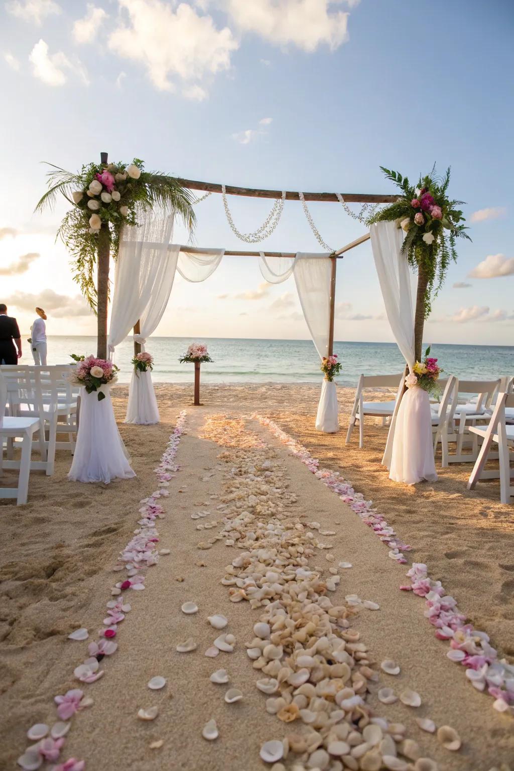 A serene beach aisle defined by seashells and ocean views.