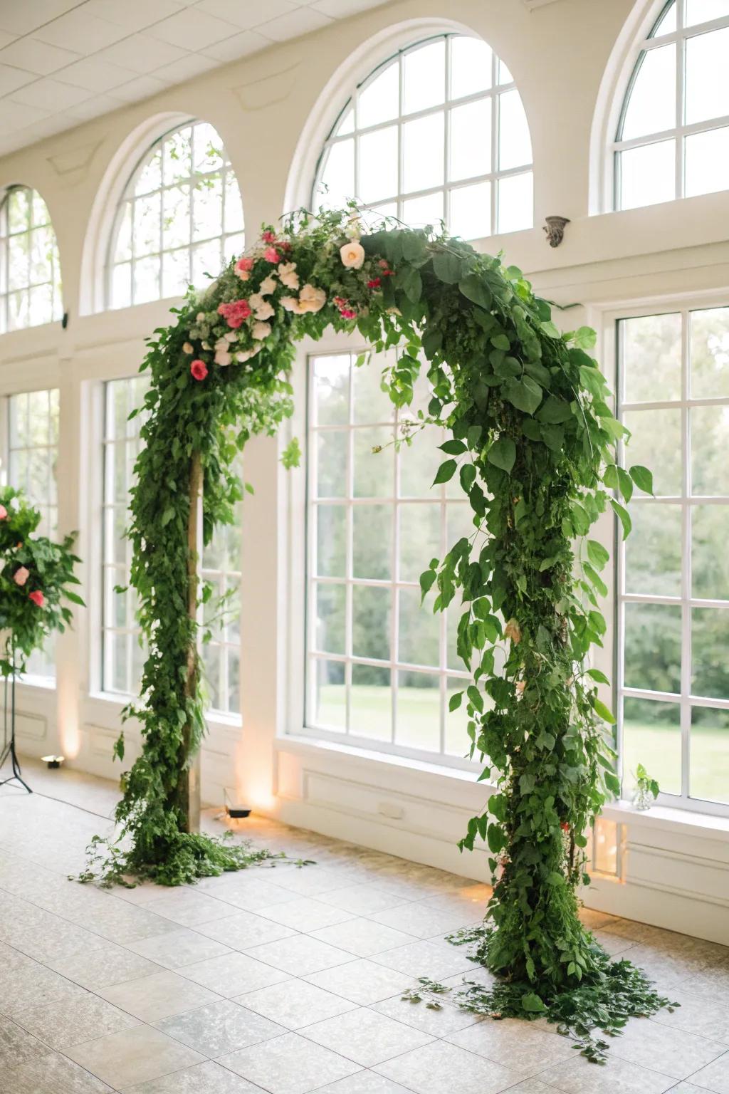 An arch that is focused on greenery provides a rejuvenating and natural sensation inside.