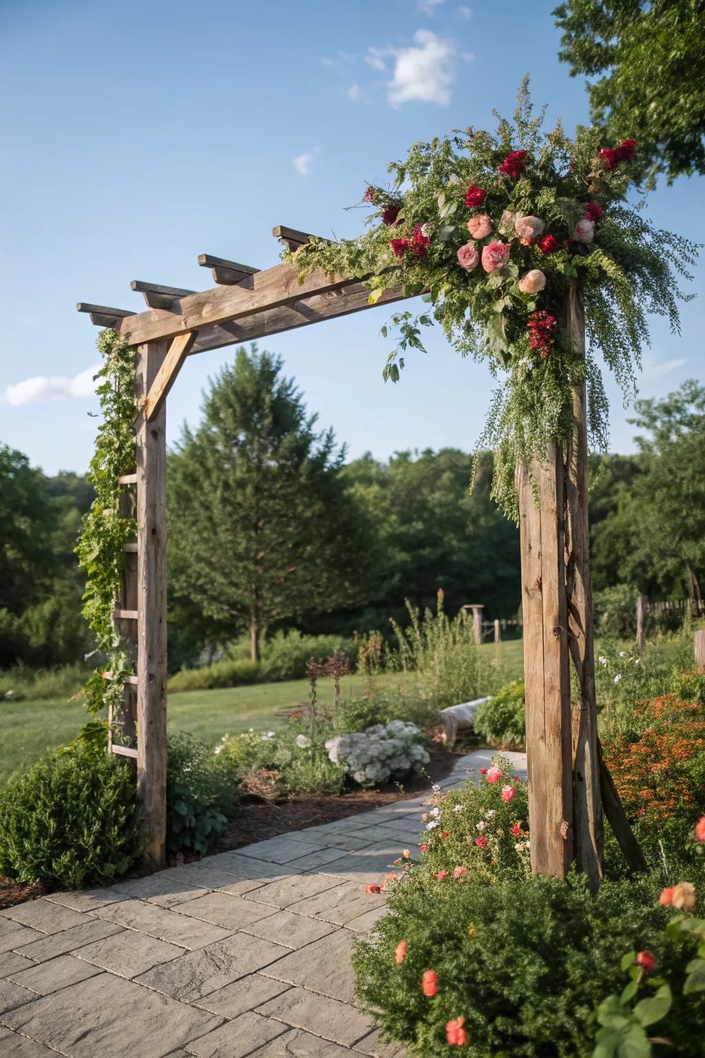 Unrefined appeal through a lumber arch backdrop.