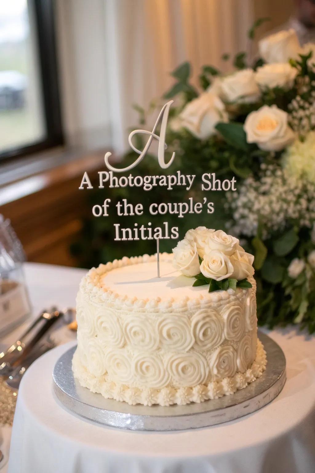 A wedding cake with a personalized ornament for a unique detail.