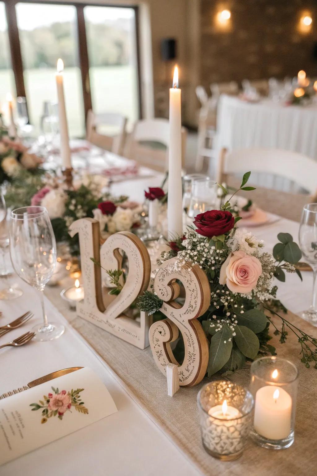 Creative table numbers elegantly integrated into the wedding centerpiece.