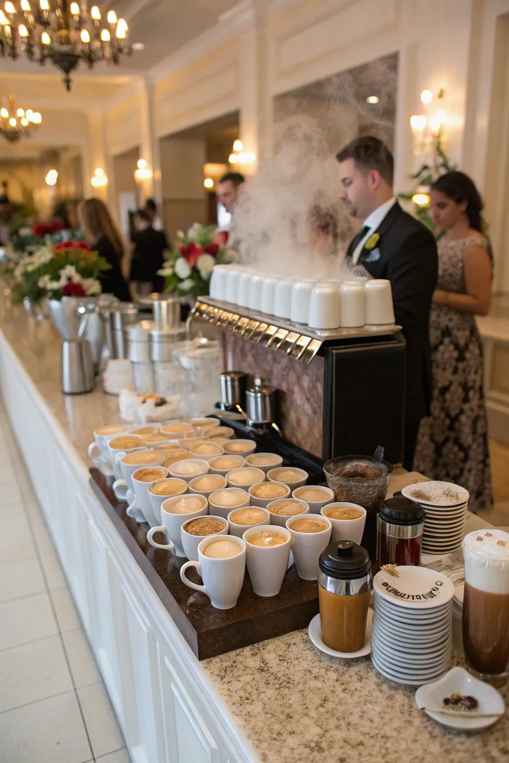 Varied coffee assortment showcased at a wedding coffee corner.