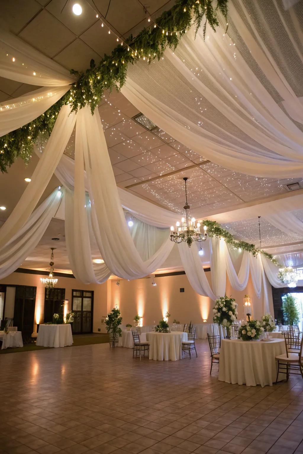 Inject whimsy to your wedding using draped roof covers.