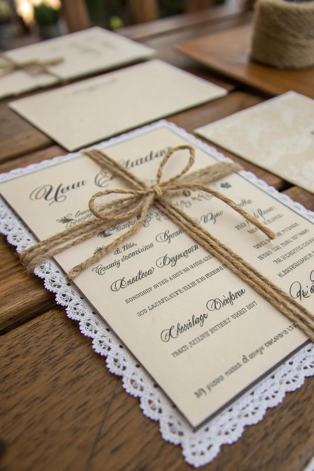 Rustic twine ribbon adding charm to a wedding invitation.