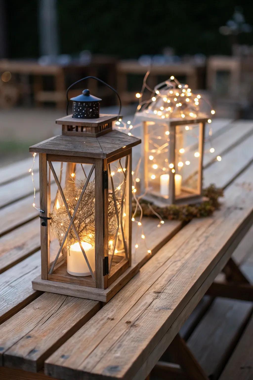 Lanterns paired with fairy lights fashion a balmy and inviting luminescence suitable for any gathering.