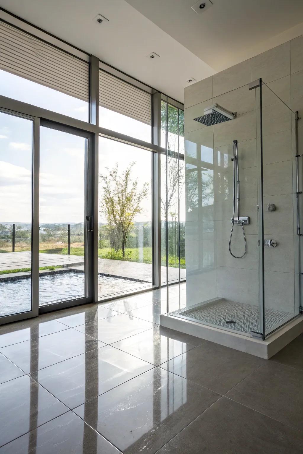 A sunlit wet room basking in natural light.