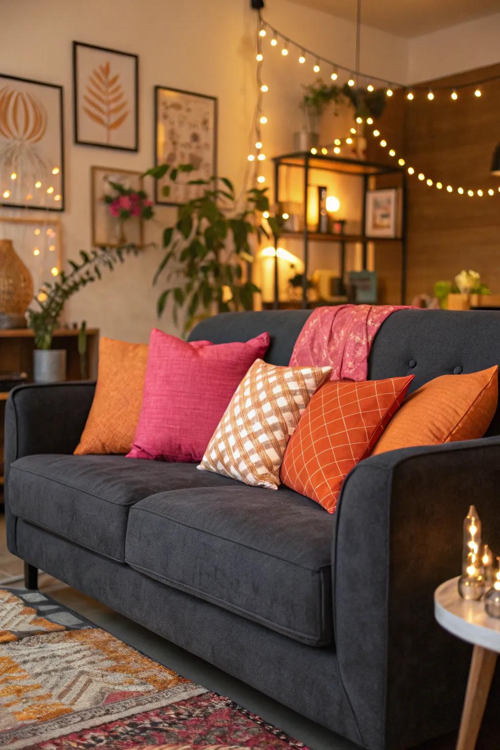 Coral and tangerine pillows offer a playful splash of color on a dark grey sofa.