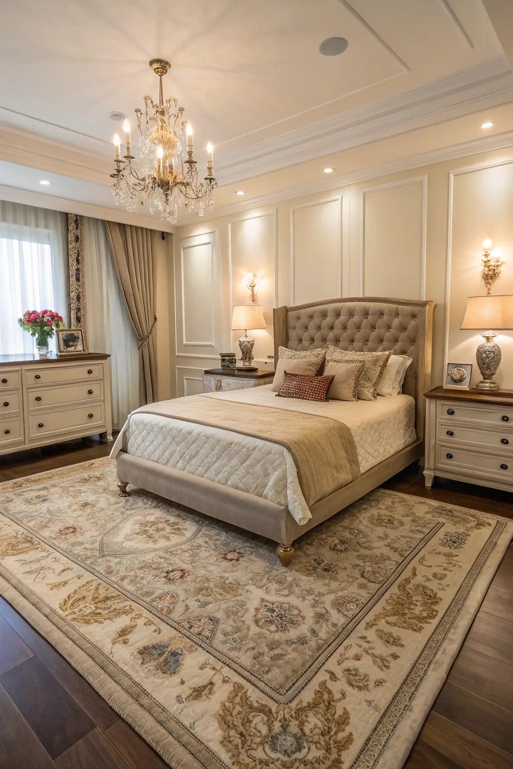 The 9x12 rug delivers an elegant, cohesive base for a luxurious bedroom.