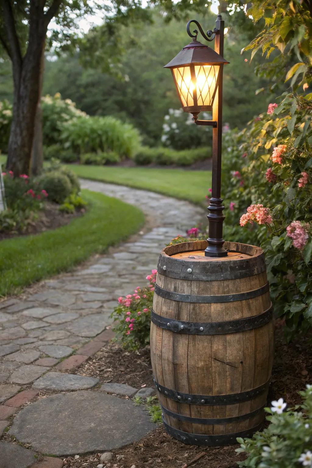 A rustic repurposed cask beacon post brightening a garden pathway.