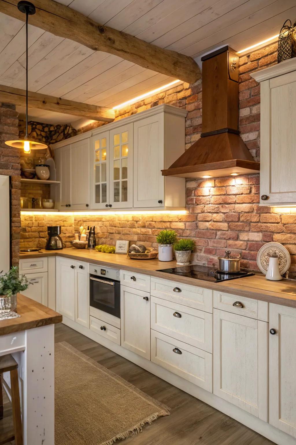 Down-to-earth stone backsplash delivering coziness to a cooking area with white cabinetry.