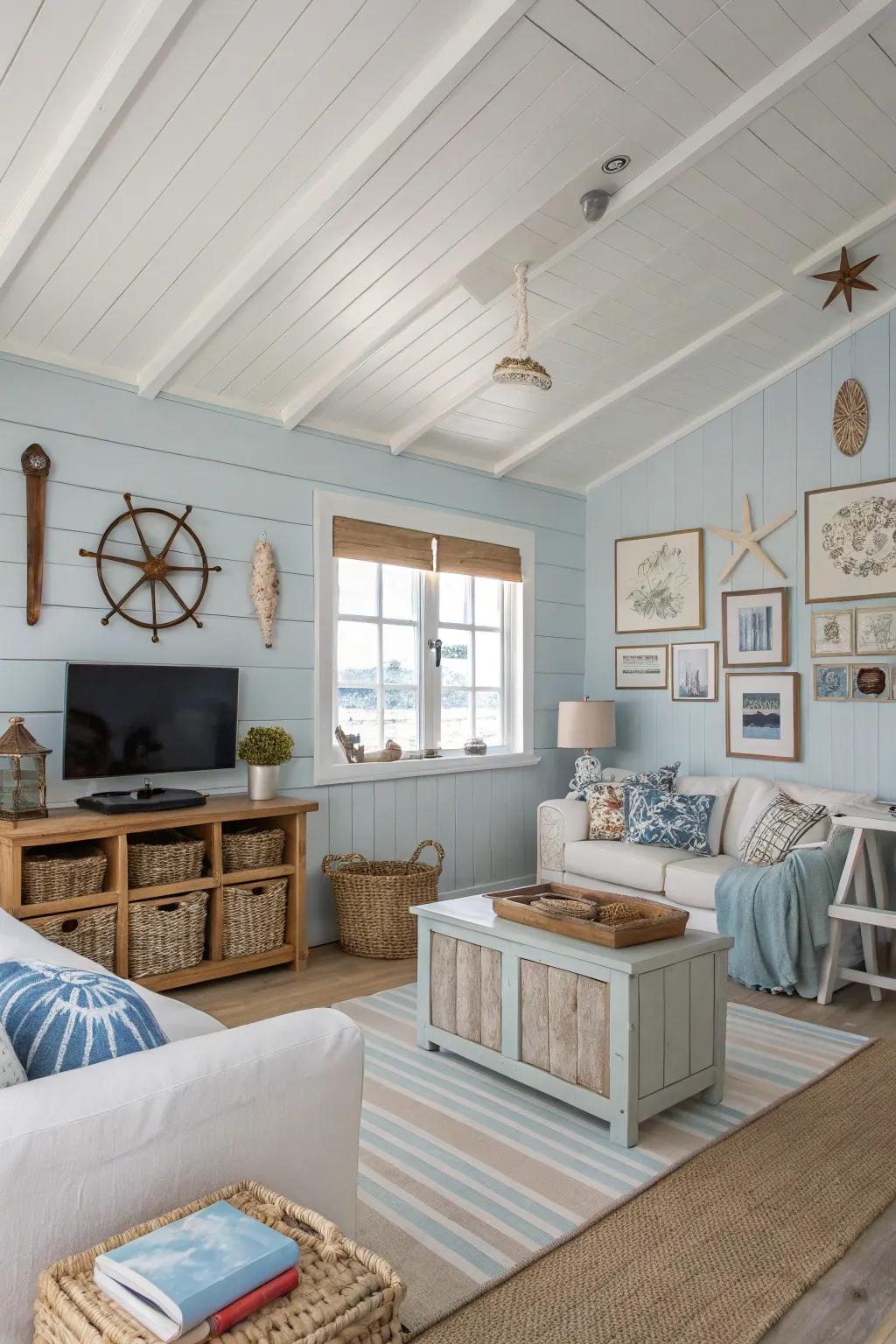 A coastal living room featuring a white ceiling, perfect for creating a relaxed and breezy ambiance.