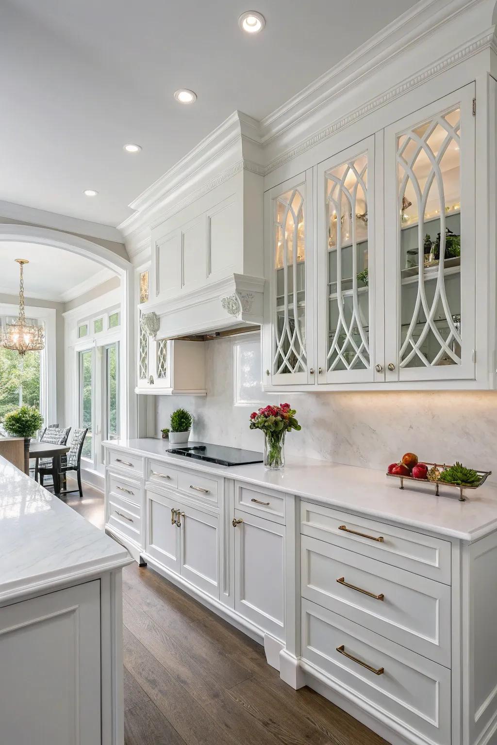 Structural details add depth and persona to this sophisticated white kitchen.