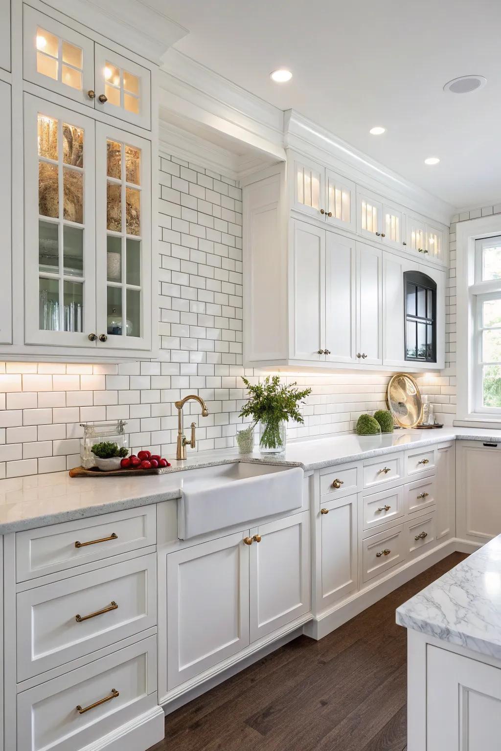 Subway tile backsplash enhances the texture of the crisp white kitchen.
