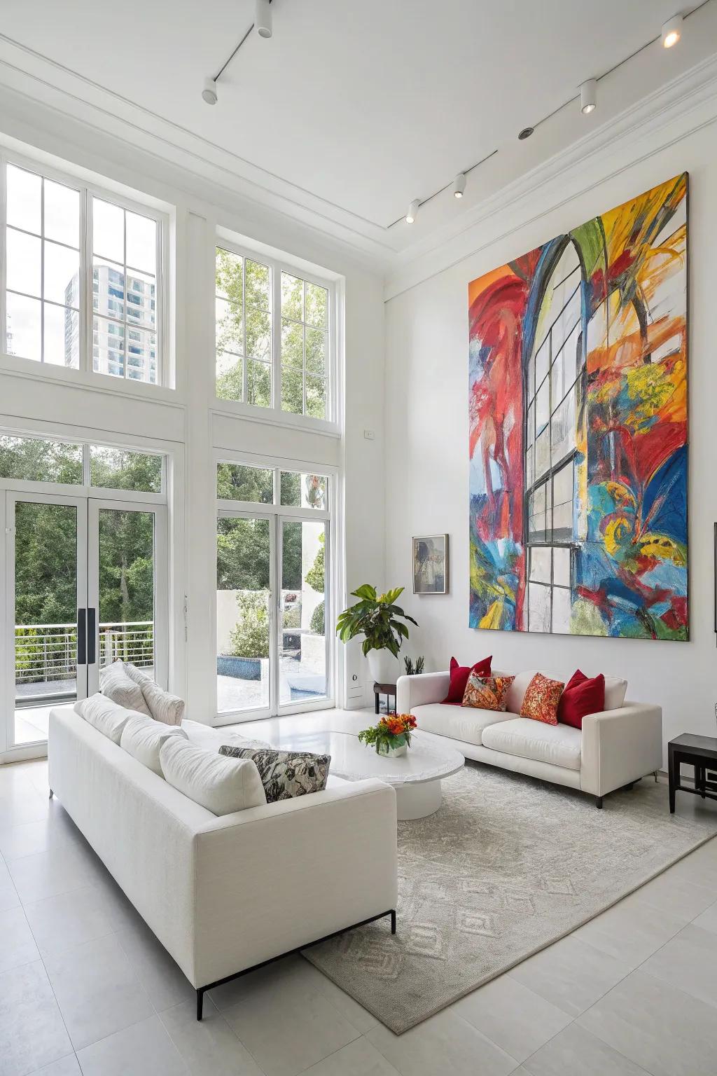 Modern art introduces a bold contrast in a bright space.