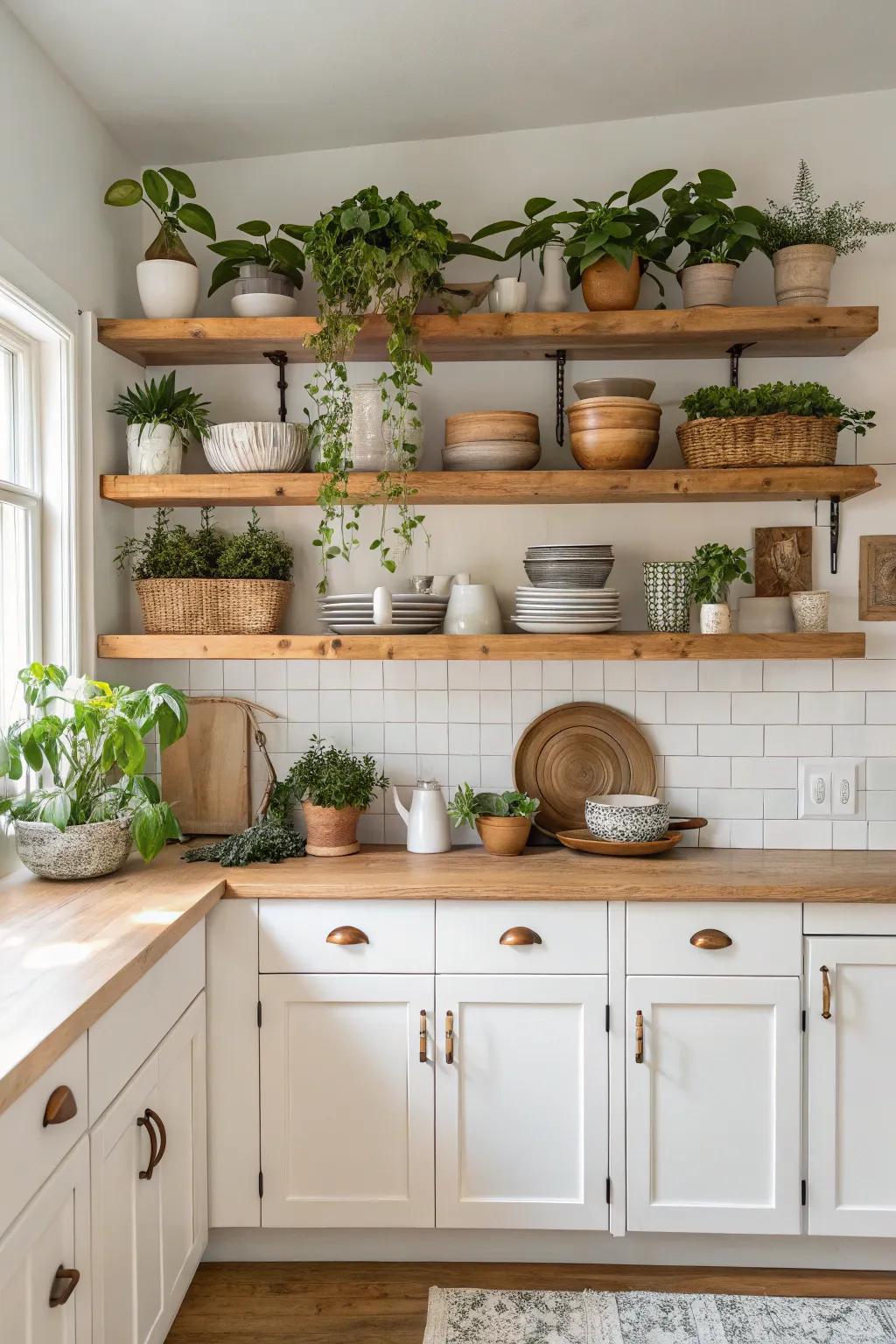 Visible shelving offers both storage and panache in this modern farmhouse kitchen.