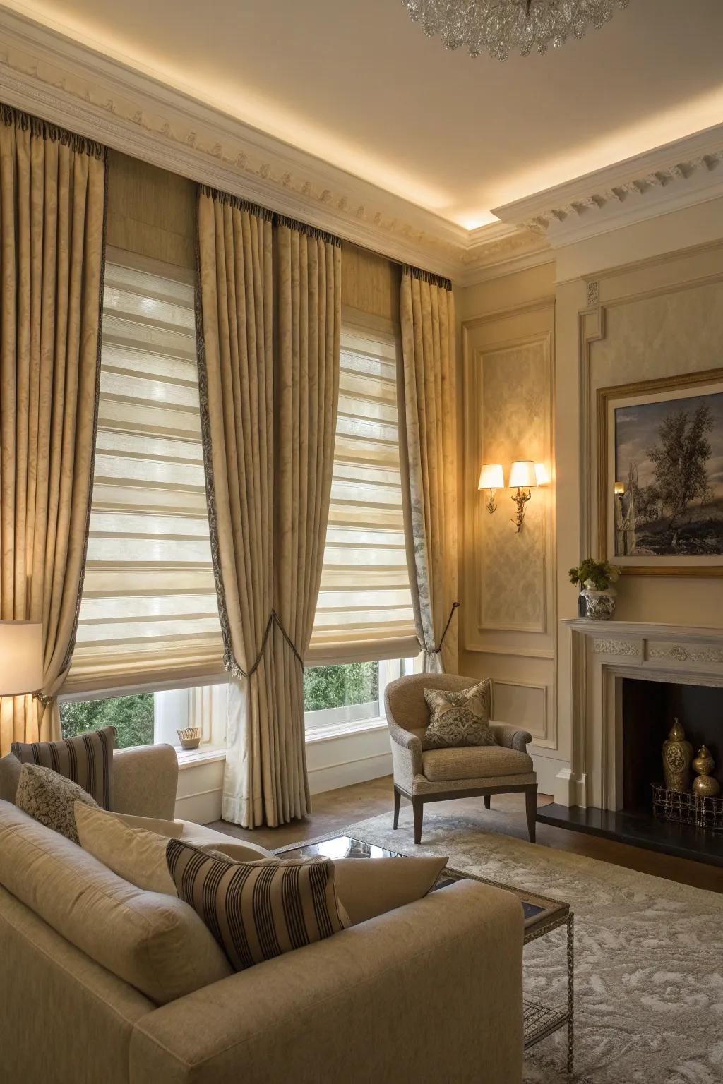 Draped coverings and curtains engendering a magnificent atmosphere in a living room.