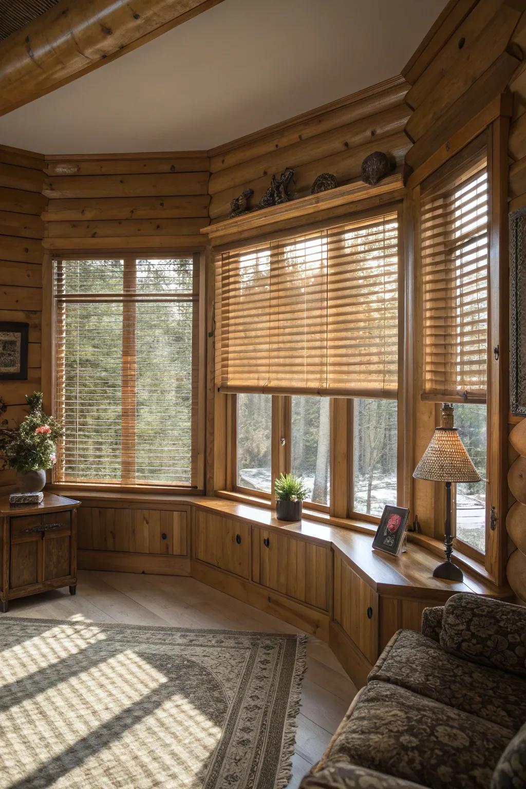 Wooden shutters impart warmth and elegance to bay windows.