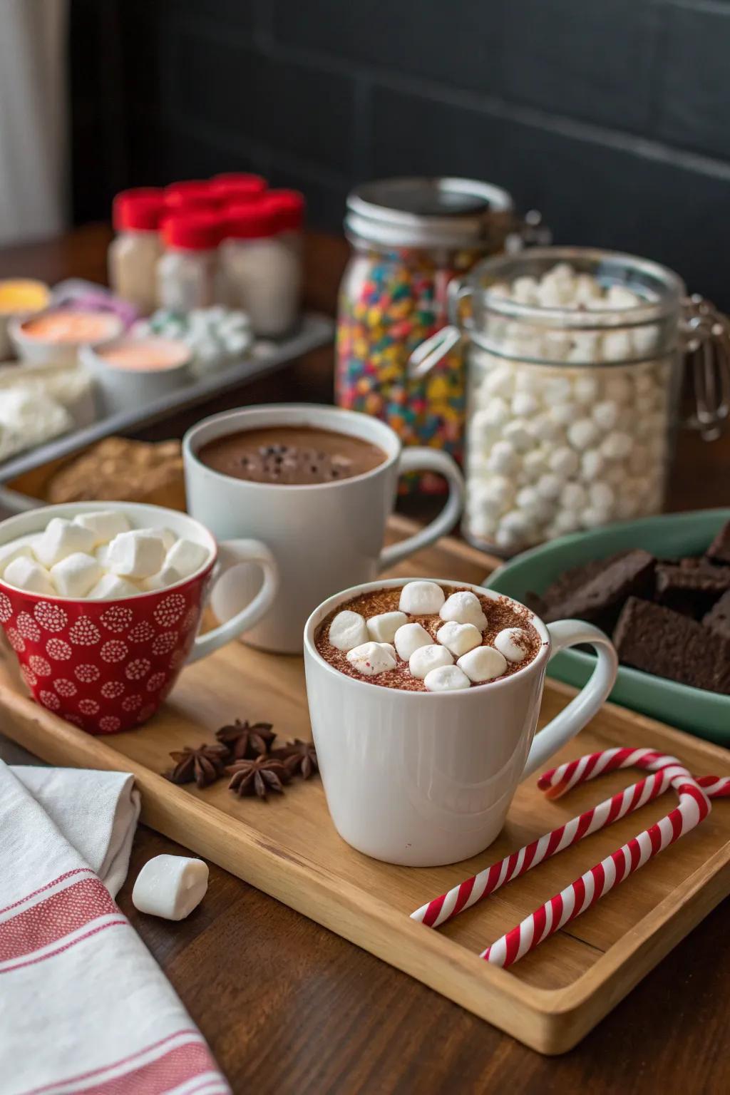 A cozy hot cocoa bar perfect for a winter baby shower.