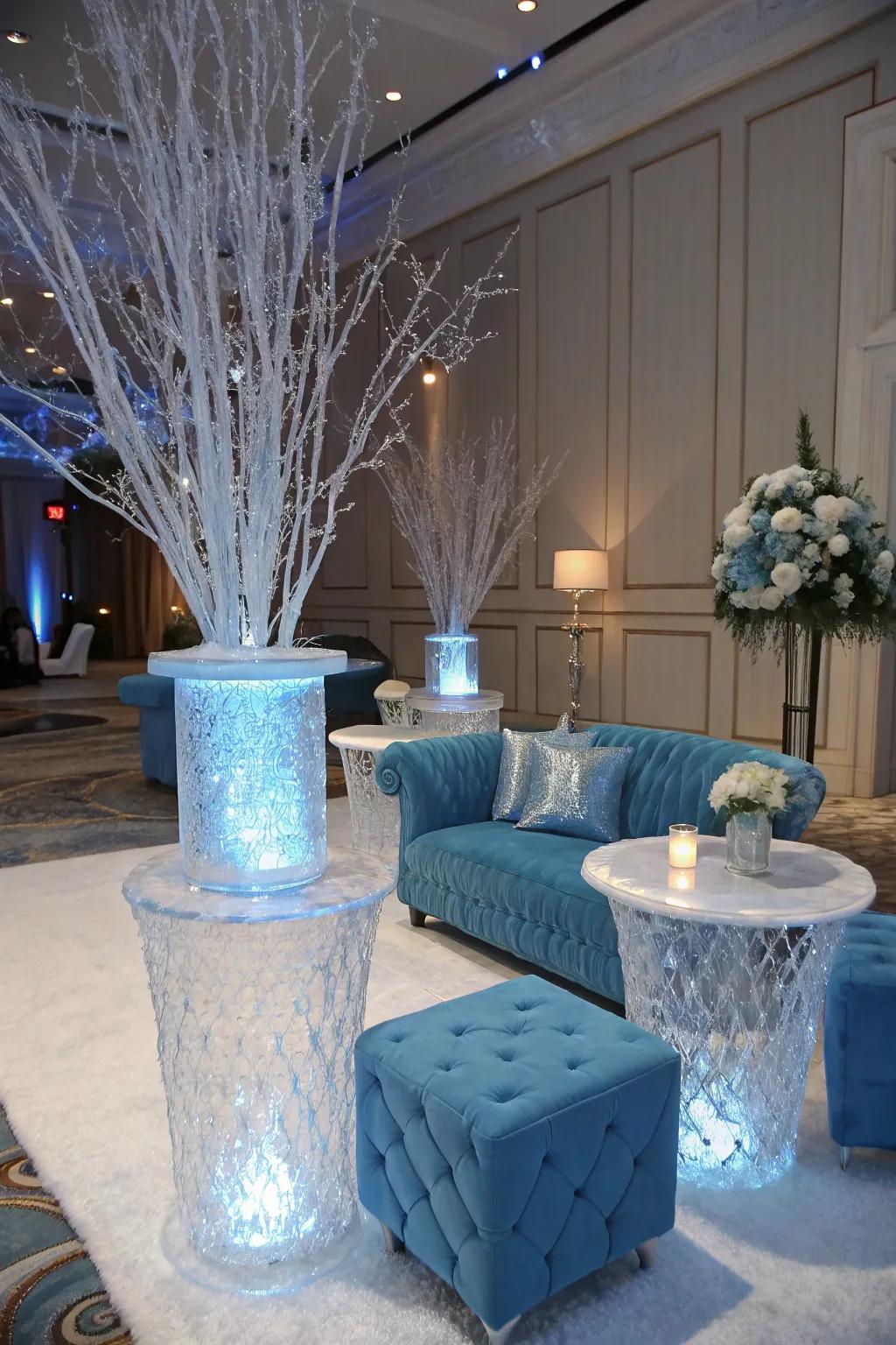 A stylish iced blue dream concept with ice-like decor details.