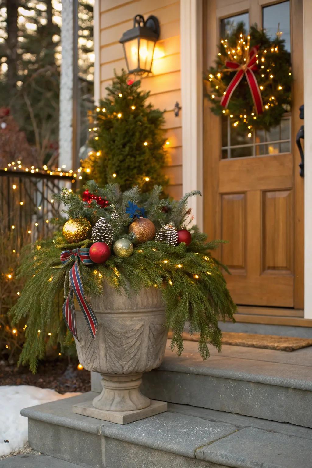 Holiday decorations turn planters into festive showpieces.