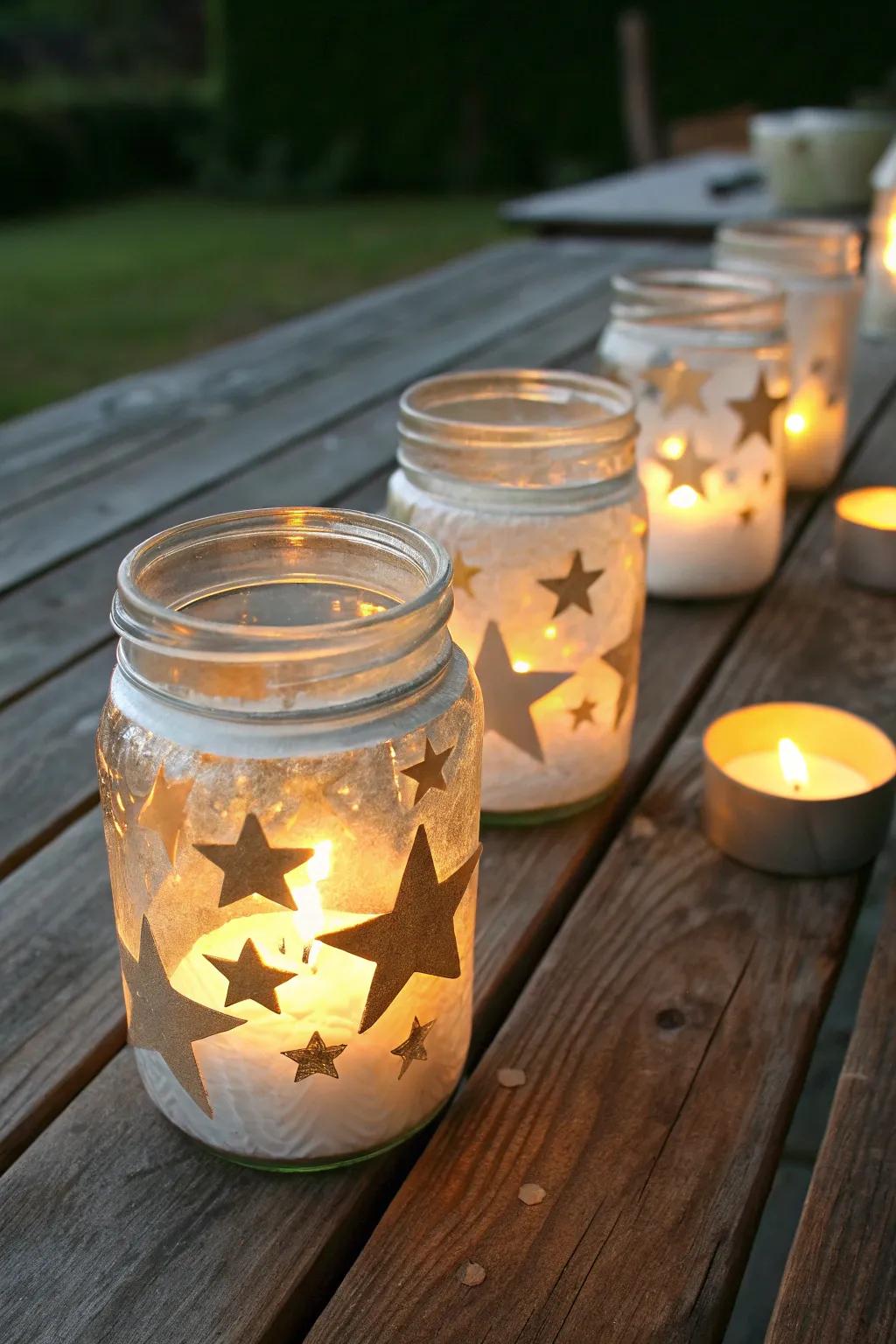Glass container lights cast a shimmering glow, fitting for the solstice night.