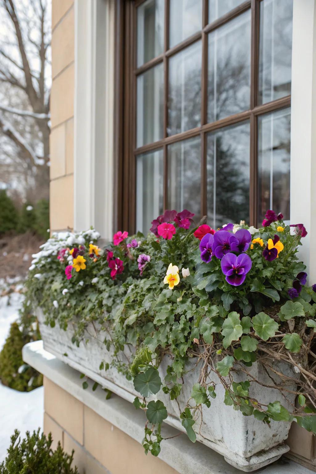 Vibrant pansies and cyclamen introduce dynamic splashes against the winter greens.