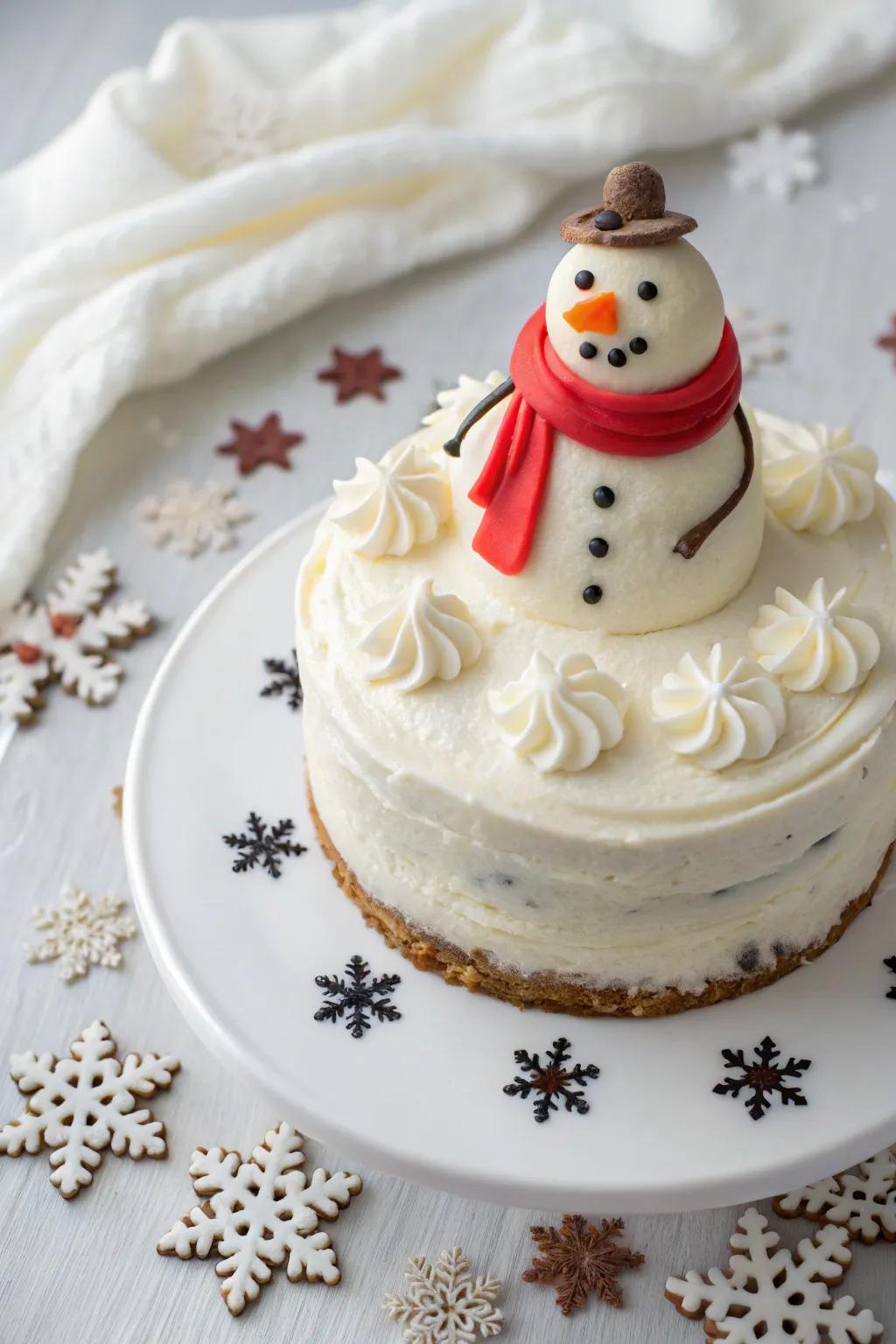 A lively snowperson cake accent brings appeal to this winter cake.