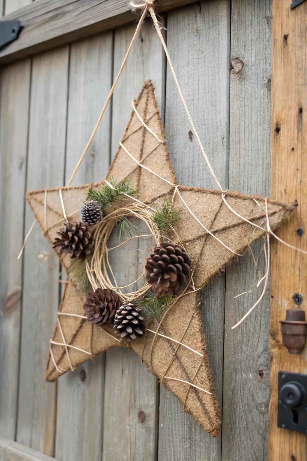 A rustic burlap star wreath for a cozy setting.