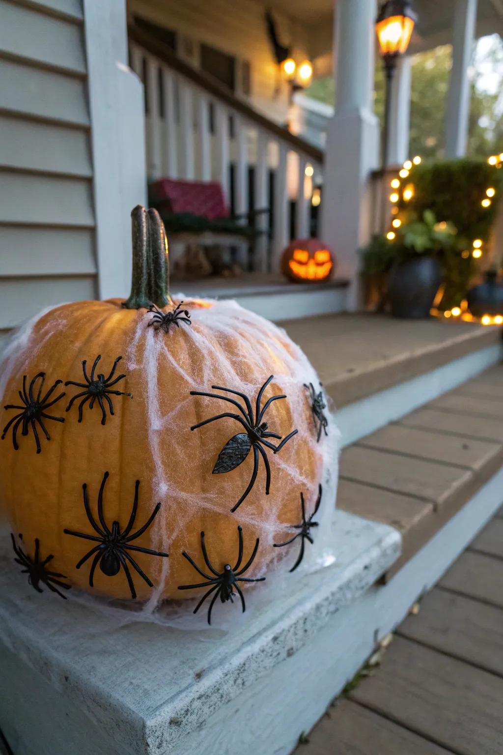 Pumpkin enveloped in eerie spinneret meshes.