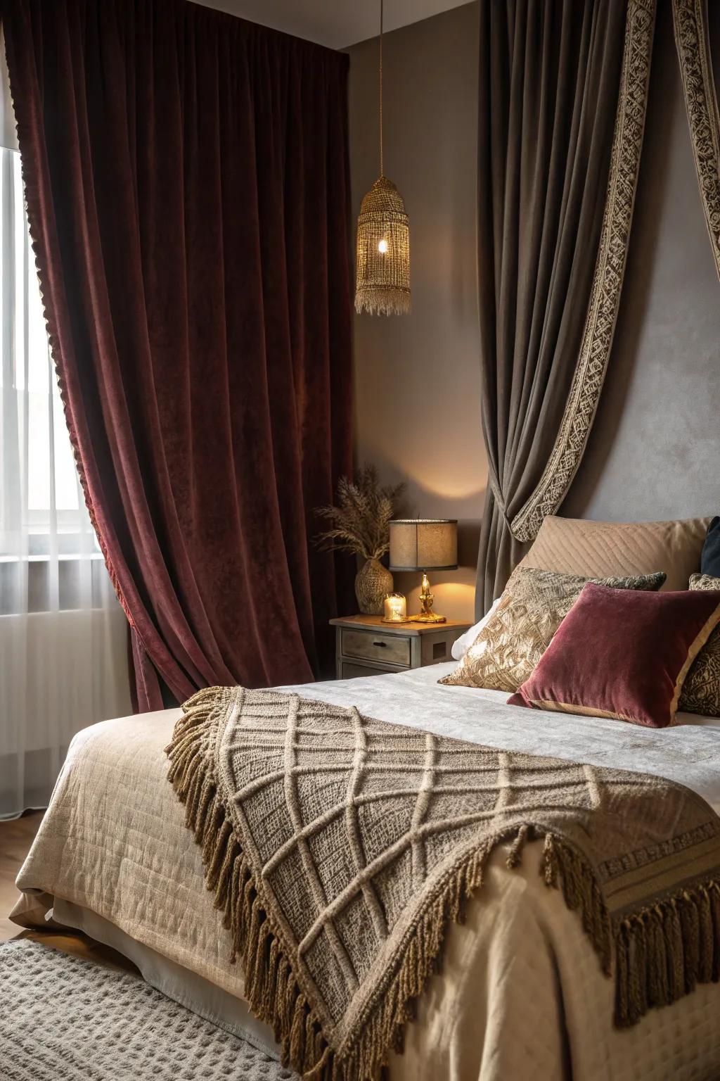 Lavish weaves append dimension and warmth to a witchy chamber.