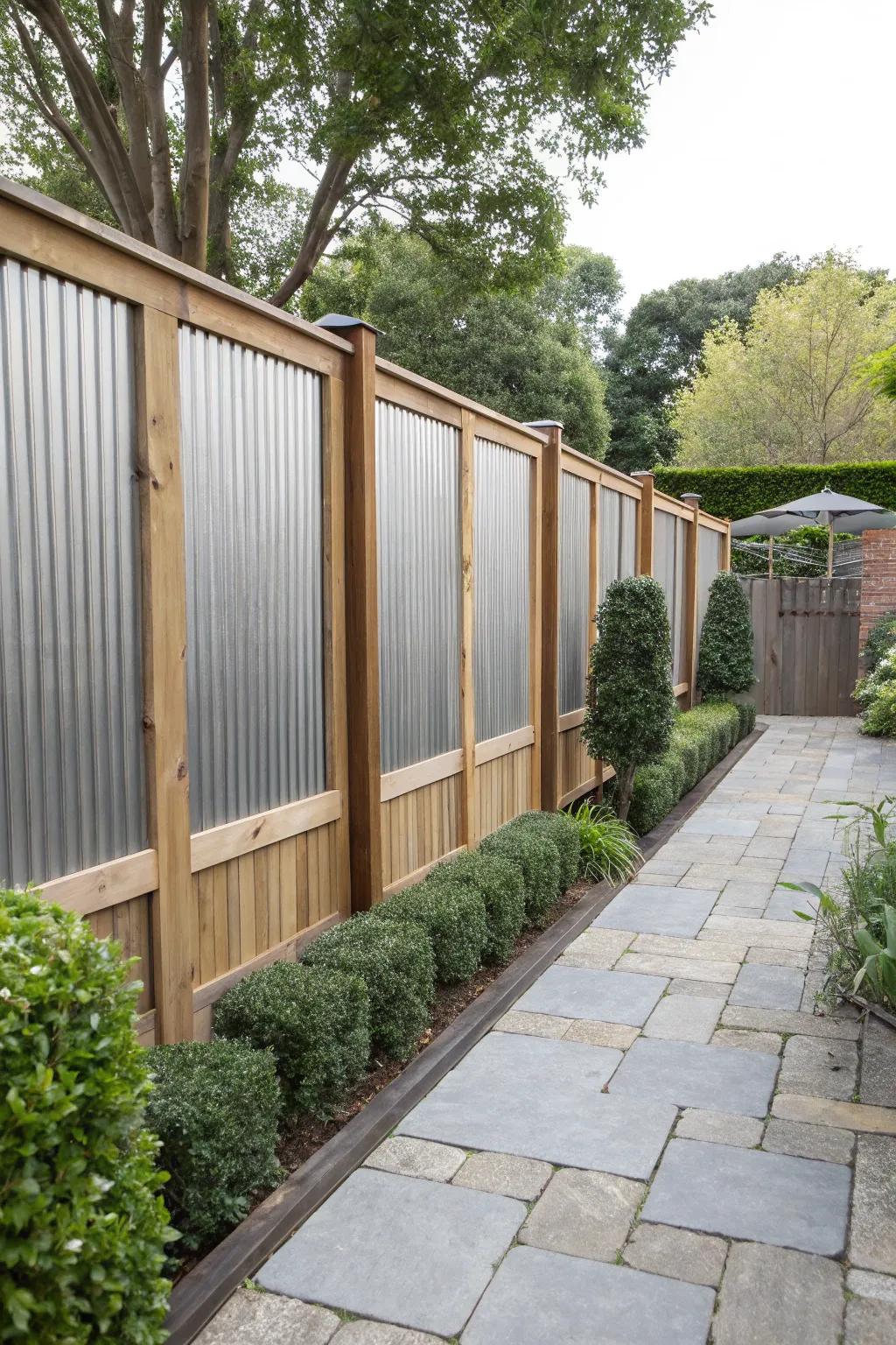 A rustic-modern fence using grooved metal and timber frames.