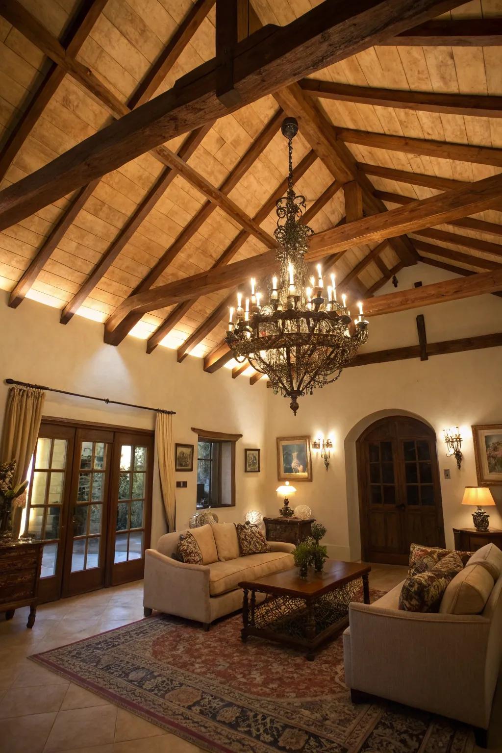 Elegant chandelier accentuating the wood beams in a family space.